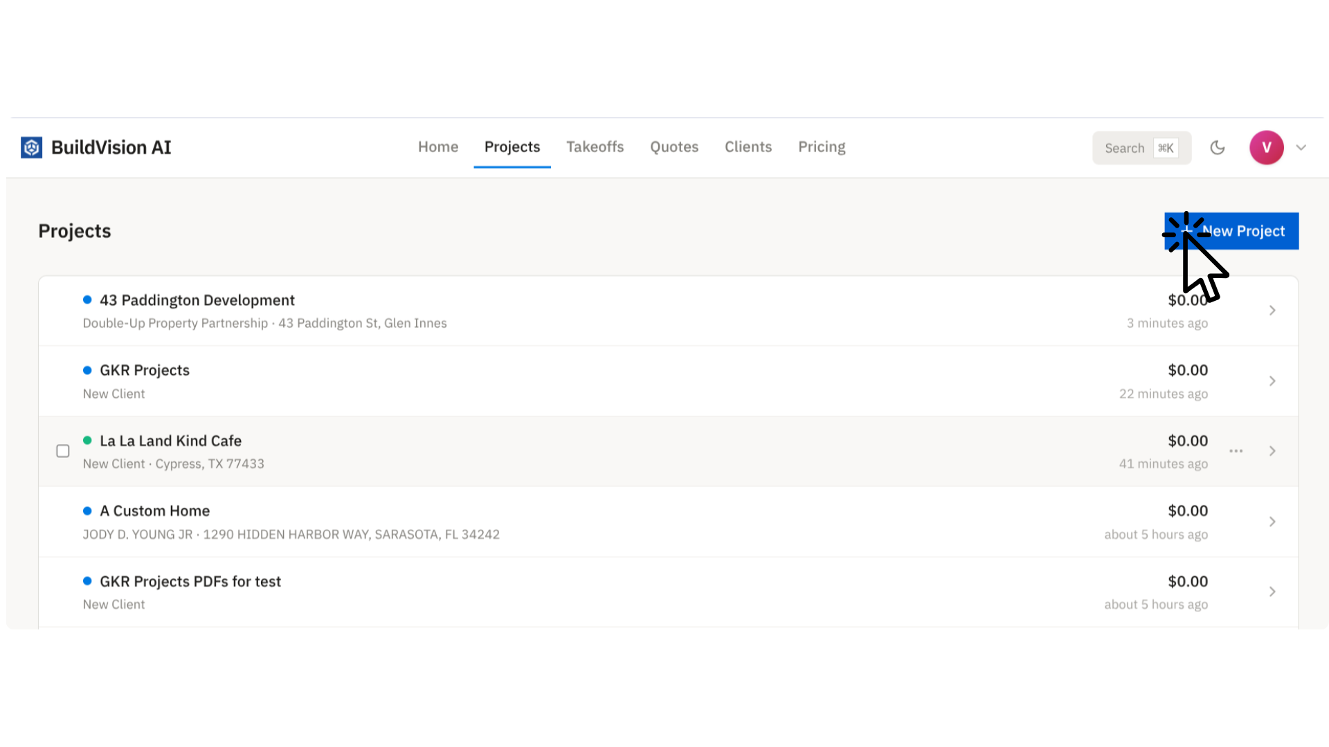Projects list with the New Project button highlighted