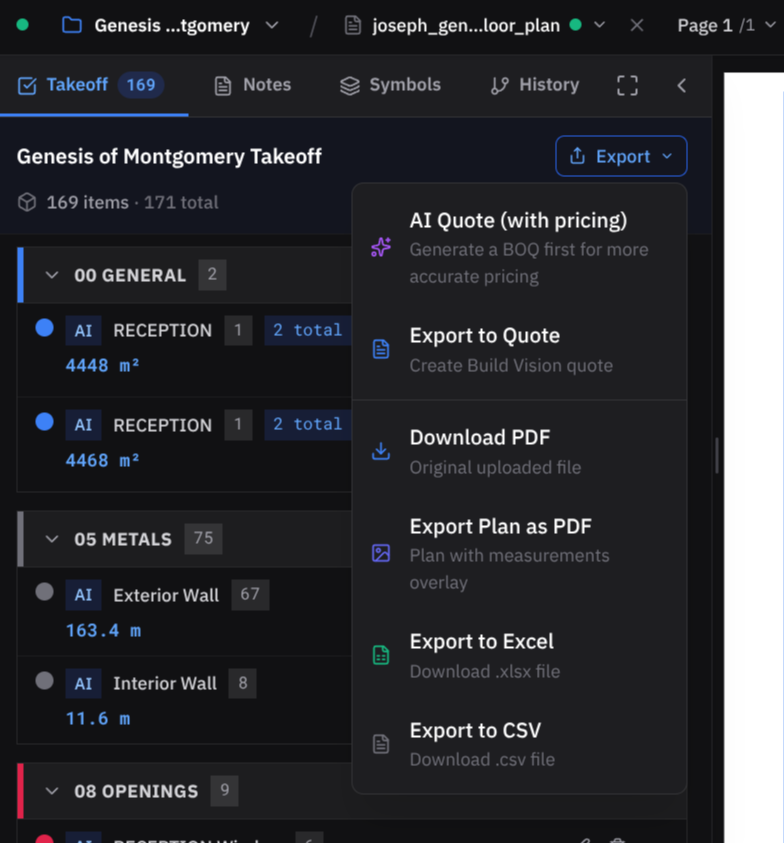 Export dropdown showing Export to Quote option